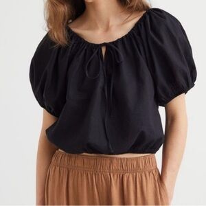H&M Linen Blend Blouse black puff sleeve small